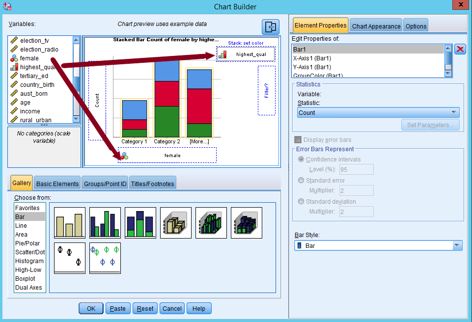 Drag and drop female to X-axis and highest_qual to Stack: set color.