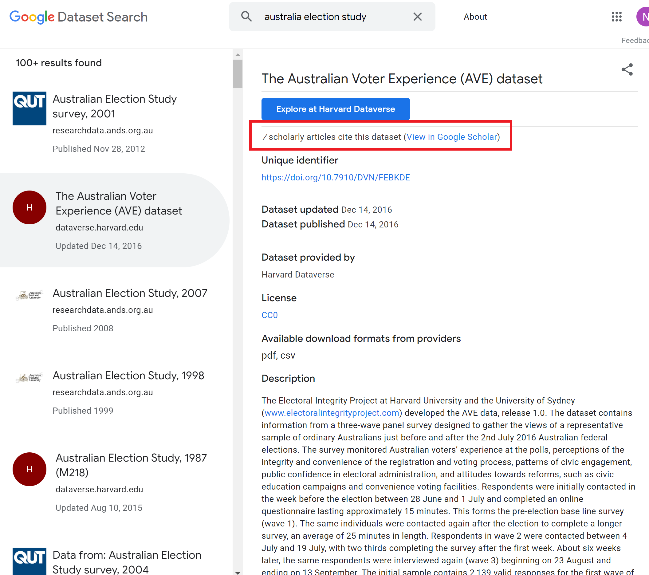 Google Dataset Search (Beta). Note the link to 7 scholarly articles that cite this dataset (red box)